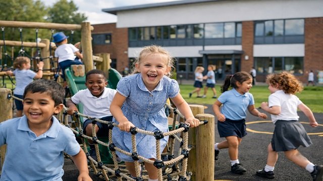 Children playing happily in the well-equipped outdoor area of a Harlow academy