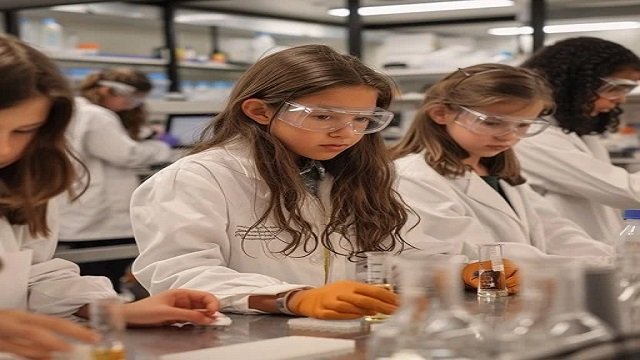 Group of engaged students in a modern science lab at a Harlow academy