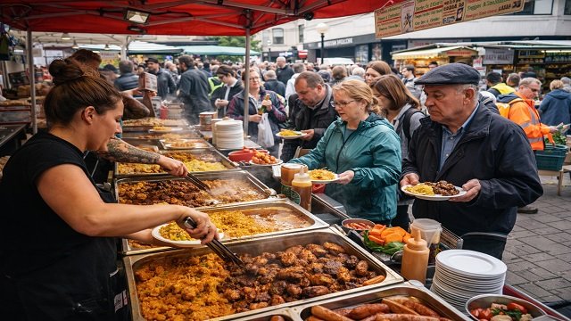 Busy scene from the Harlow market with a popular food stall
